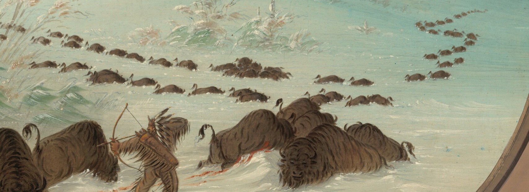The receding line of bison emphasizes the scale of the chase and the vastness of the landscape.