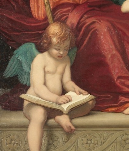 The young cherubs actively receive this legacy of wisdom.