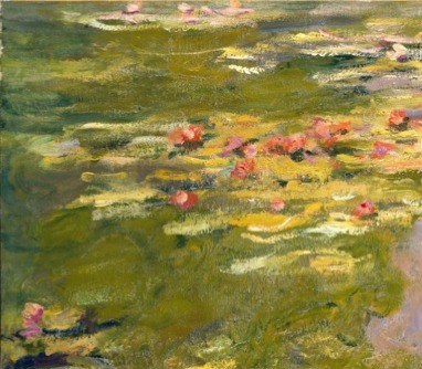 Thickly painted olive-green pads jostle and overlap; Monet layers strokes to convey both mass and flotation simultaneously, anchoring the upper-left quadrant in shadow tone