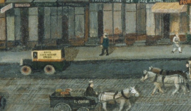 A horse-cart and a red truck share the same asphalt.