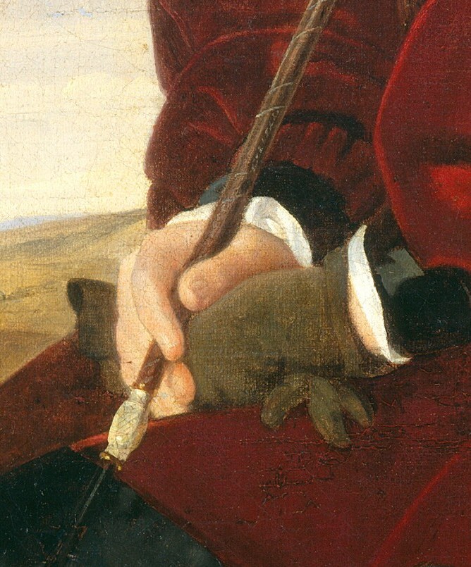 Held firmly, the riding crop signifies her equestrian interests and perhaps a spirited personality.
