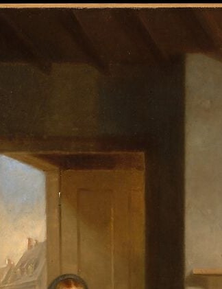 The primary light source silhouettes the daughter dramatically; the outside world it hints at is the wider market society driving her desire for the bonnet