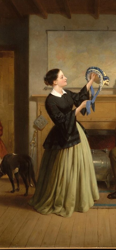 Her relatively fashionable dress marks her as aspirationally urban against the bare domestic interior, before the bonnet even enters the argument