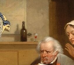 The seated patriarch registers unmistakable displeasure , a single face encoding the antebellum male anxiety about female spending and vanity