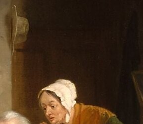 Her own unadorned bonnet is a deliberate visual contrast to the daughter's purchase , the older generation's frugality embodied on her head
