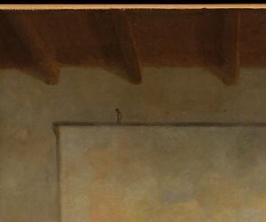 The entire painting's argument in one object , an elaborate blue-ribboned hat suspended at the apex of the composition, its fashionability clashing with the plain farmhouse room around it
