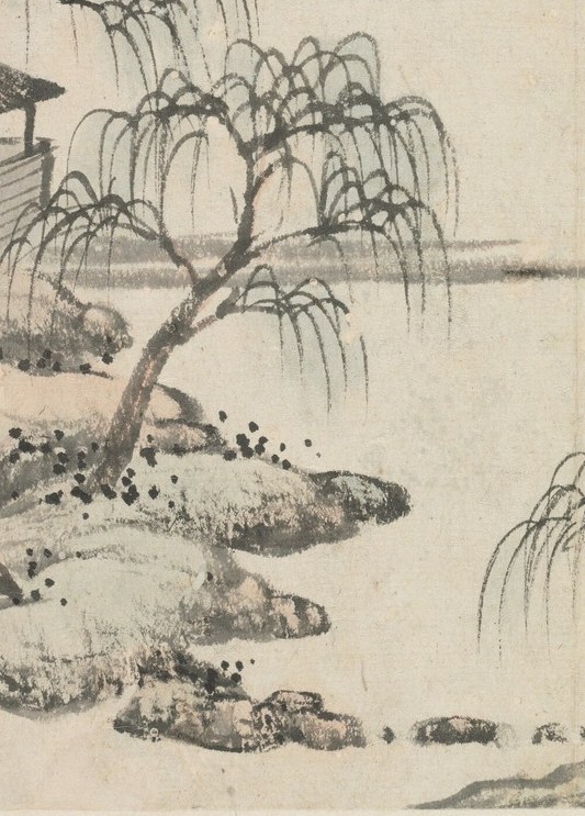 The gnarled root system anchoring to the stream bank demonstrates the artist's use of dry-wet ink contrast to suggest aged, enduring nature.