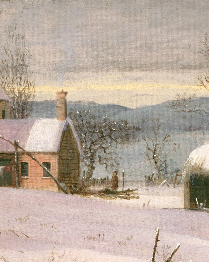 A lone farmer walks home through the snow at dusk.