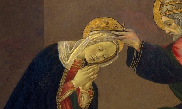 The theological crux , the precise instant of heavenly queenship being conferred; a slow zoom would resolve the crown type and finger placement that establish the gesture's tenderness or authority.