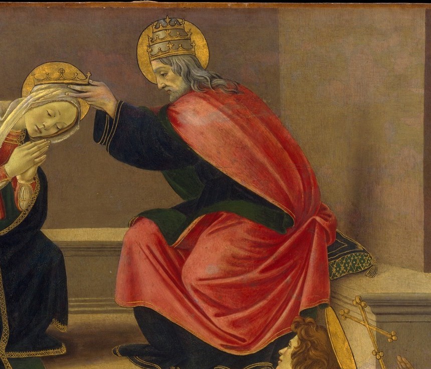The most saturated color in the painting; almost certainly Christ , the forward lean of his entire body communicates the intimacy of the act, unusual in more hieratic coronation schemes.