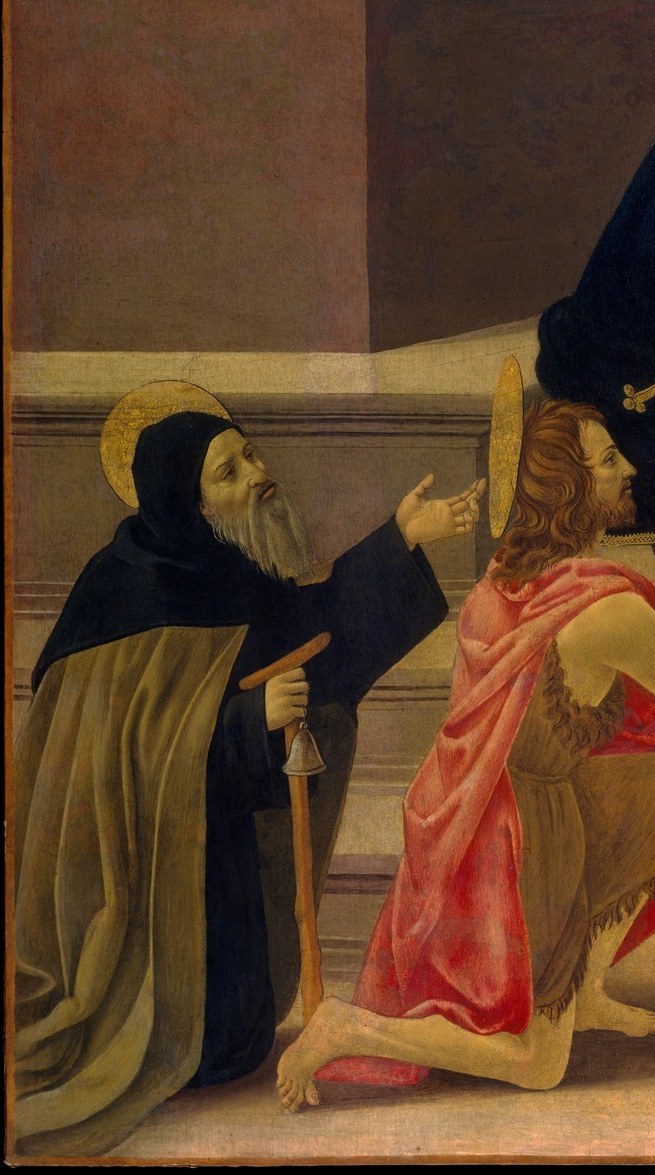 Black-and-white Dominican habit plus his commanding vertical presence suggests this may be St. Dominic himself , the patron order that most frequently commissioned this iconographic subject.