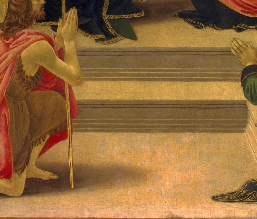 The most chromatically vivid foreground figure , the red-green combination and diaconal vestments suggest a martyr-deacon saint (possibly St. Stephen or St. Lawrence) or a donor in ceremonial dress.