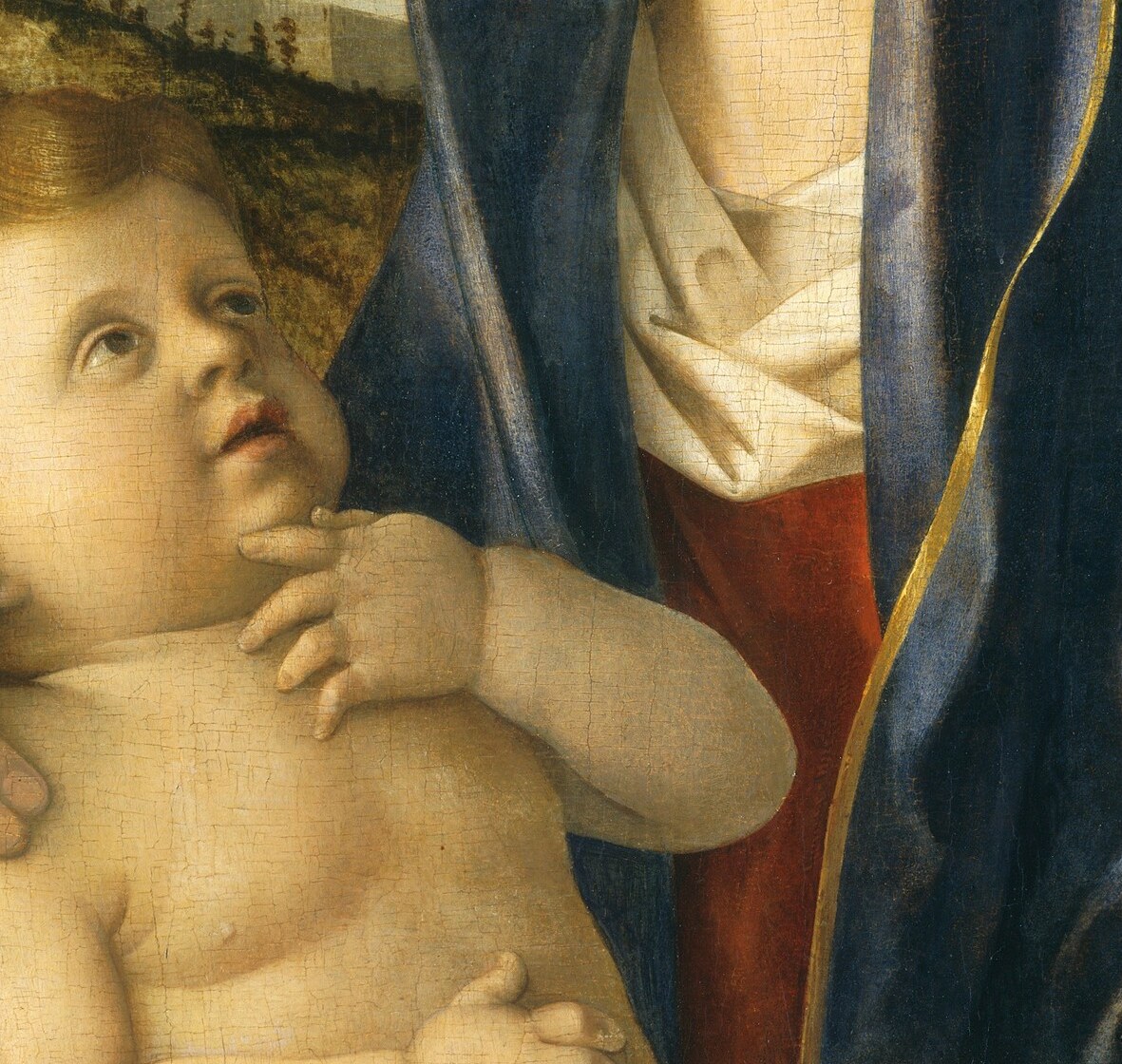 The infant looks up toward his mother with soft, wide eyes; the naturalistic rendering of baby fat and rounded features signals the artist's Venetian influence.