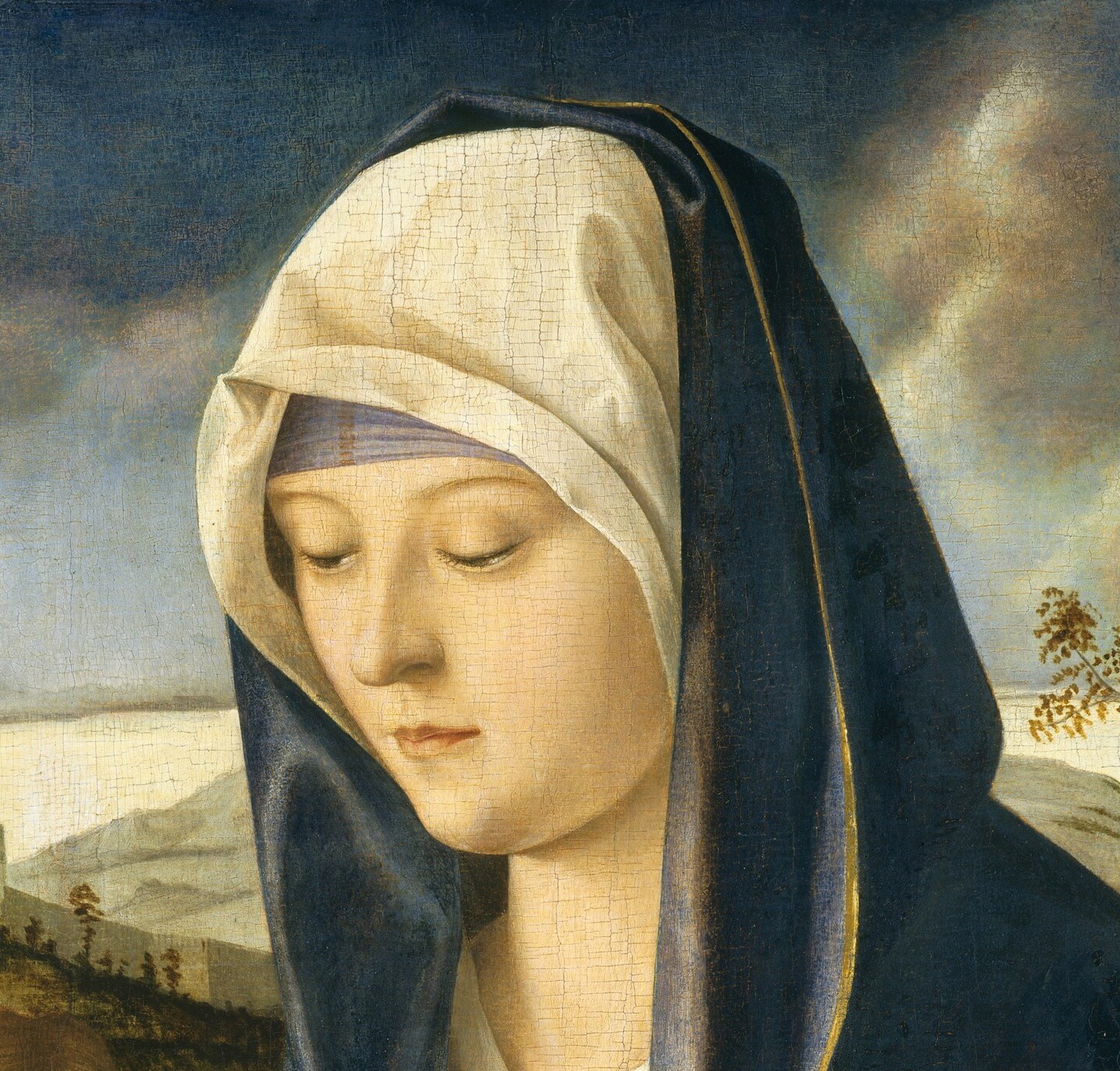 Her gaze is cast slightly downward with an expression of tender melancholy , the hallmark Venetian Madonna type, conveying both love and foreknowledge of sorrow.