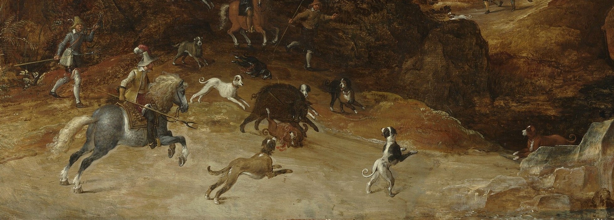 In the foreground, a perilous boar hunt unfolds with dogs and riders.