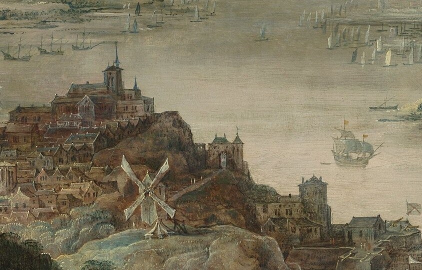 A grand castle overlooks a bustling city with a prominent windmill.
