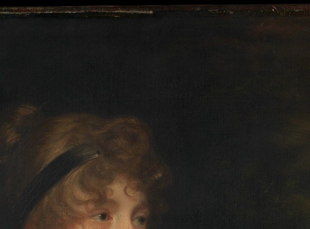 The simple bandeau headband anchoring dark pinned-up hair was a neoclassical Grecian fashion statement in exactly 1800-1810; it helps pin the portrait's date.