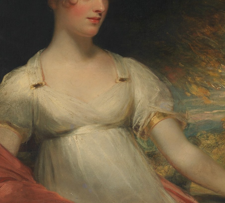 The gauzy white muslin with its high waistline is a precise date-marker for 1805 Regency fashion , almost Greco-Roman in its simplicity against the dark ground.