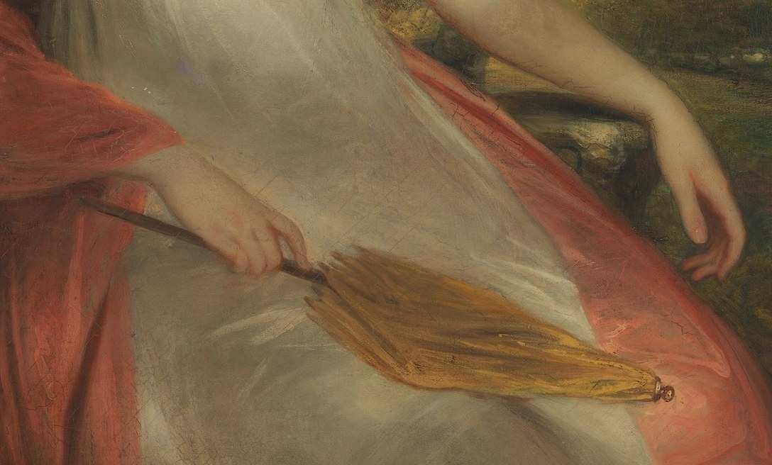The parasol's warm ochre contrasts both the red shawl and the white dress; as a portable status accessory it tells us she belongs to an outdoor leisure class.