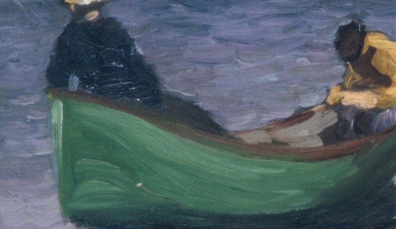 Look closely at the man in the green boat, deeply focused.