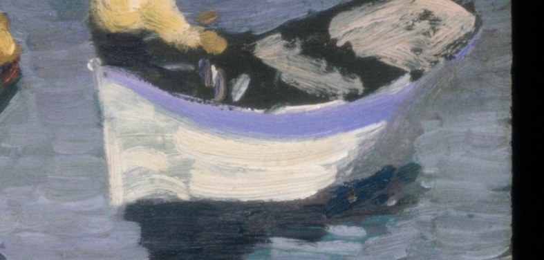 The boat's white hull reflects the sky and water, creating a sense of light and movement.