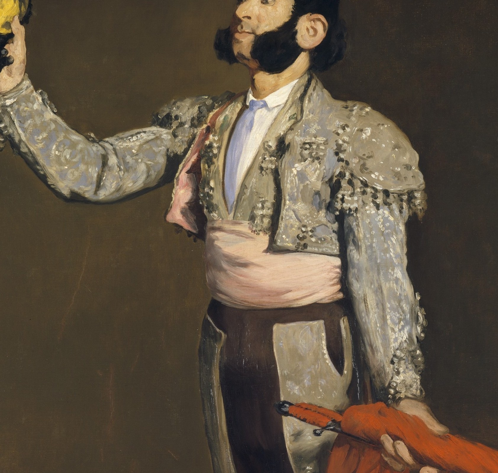 Dense silver embroidery rendered with loose, summary brushstrokes , Manet refuses to compete with the lace-painters and wins.