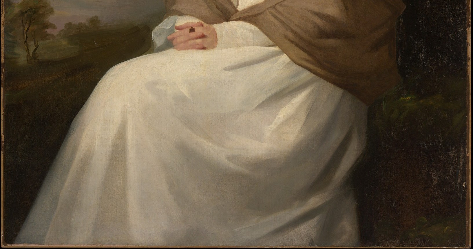 The luminous folds of the gown suggest a soft, luxurious fabric and highlight the artist's skill with light.