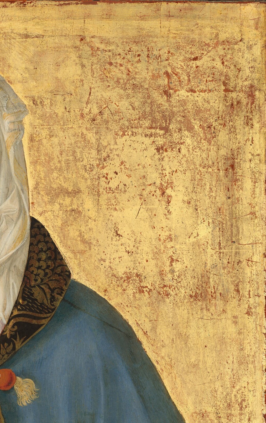 A deliberate break from Bellini's earlier landscape backgrounds , this neutral void isolates the figures outside time and place, converting portraiture into eternal devotional icon