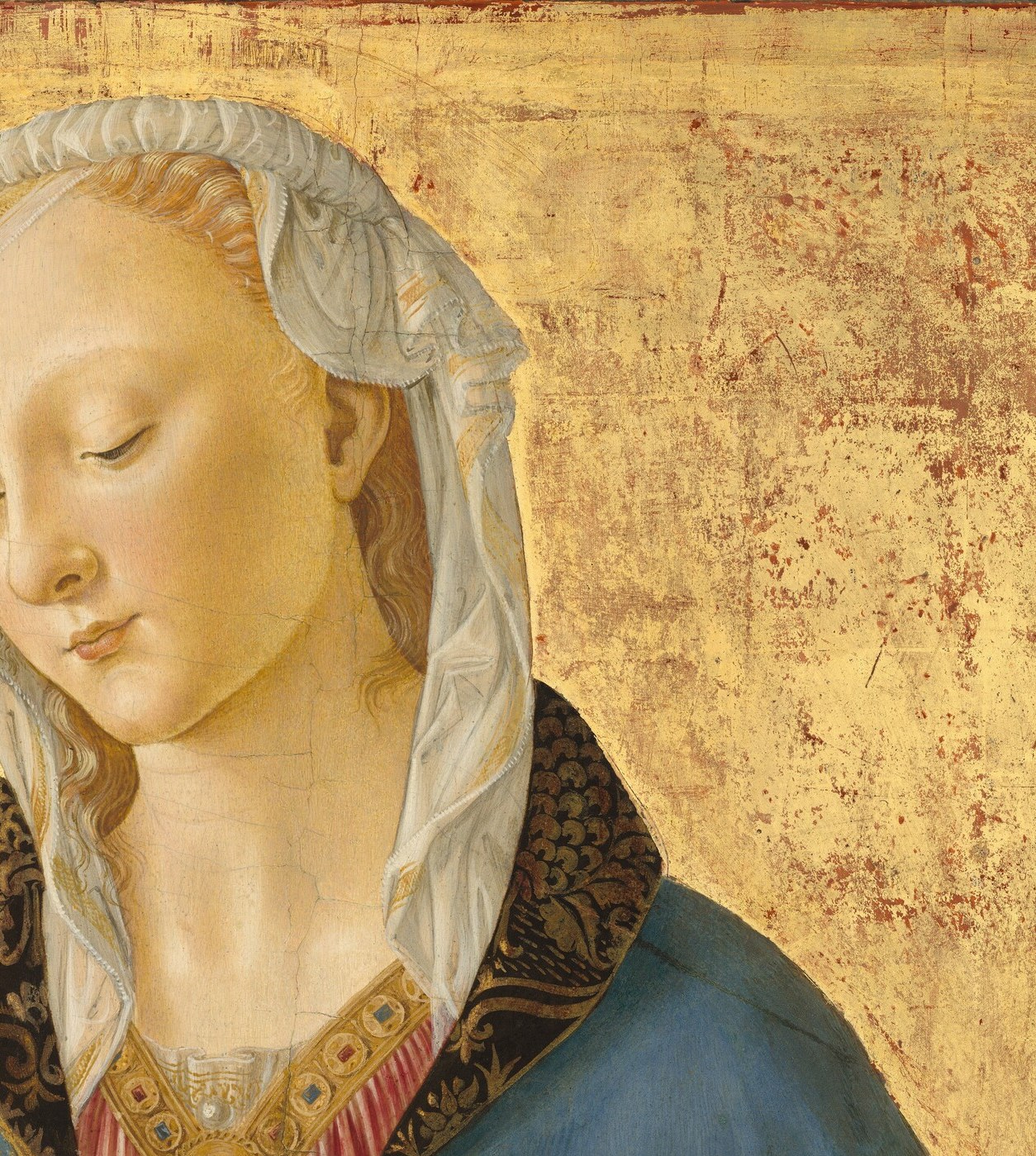 Serene, idealized Renaissance face with modestly downcast eyes , the restraint of expression intensifies rather than diminishes the emotional weight, a Bellini hallmark