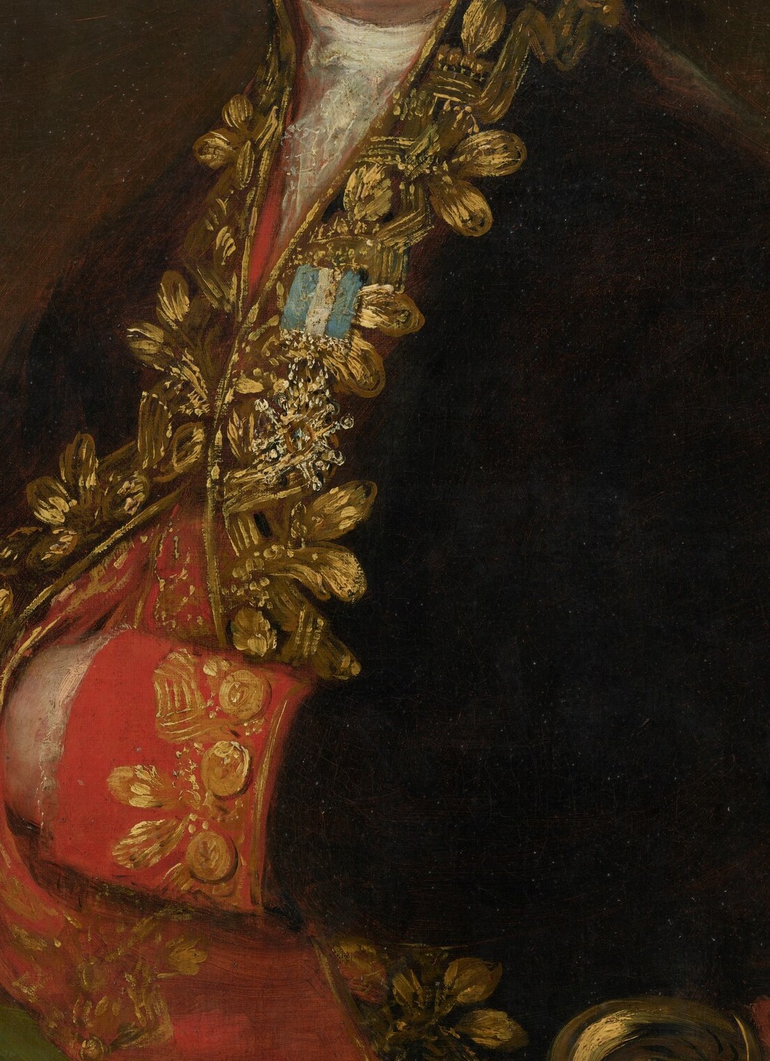 The vertical line of gold buttons acts as the portrait's backbone.
