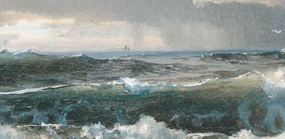 Richards' technical showpiece , the spray is built up in thick impasto, each curling tendril individually rendered, demonstrating his near-photographic precision with moving water