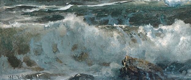 The geological anchor of the composition; slick wet surfaces catch highlights that contrast with dry upper edges, illustrating Richards' Pre-Raphaelite obsession with material fact