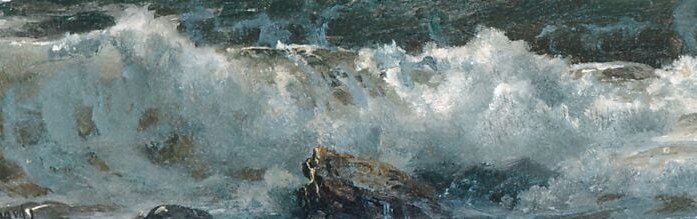 The transition from crashing force to dissipating froth , the lace-like edges show how Richards broke spray into hundreds of fine marks to avoid the false smoothness of academic marine painting
