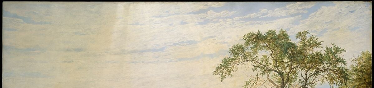 Occupies more than a third of the canvas , Cropsey's Luminist light seems to emanate from within rather than fall upon; the painting's emotional keynote
