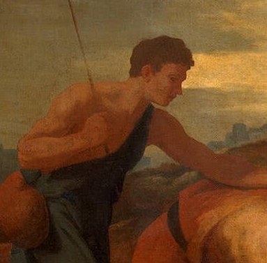 His watchful stance and the spear suggest protection or a readiness for action, hinting at the dangers Zenobia might face.