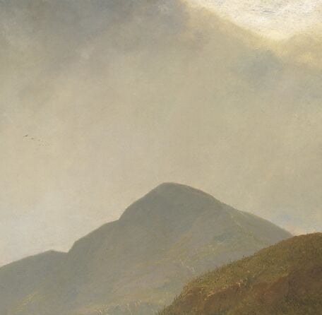 The dominant anchor of the composition; its hazy blue-grey silhouette embodies Kensett's luminism , the mountain seems to emit soft light rather than block it.