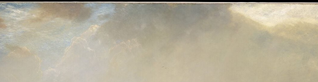 Kensett's signature: a vast, radiant sky where light itself becomes the subject; the warm golden haze signals late afternoon and is the painting's primary light source.