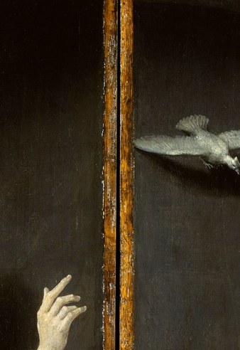 The white dove is barely noticeable. It marks the exact theological instant.