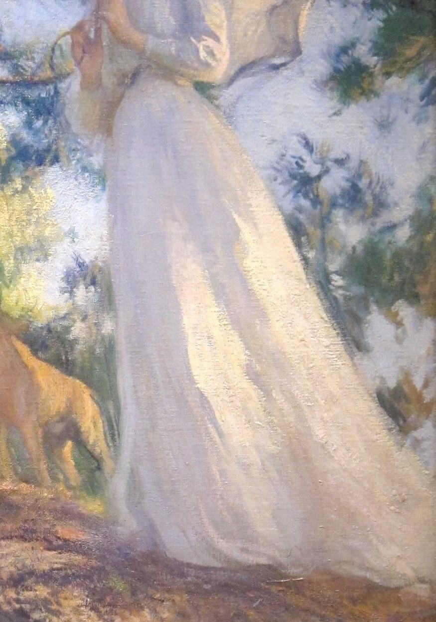 Her elegant posture and the voluminous dress suggest a sense of grace and leisure, embodying the aesthetic of the era.