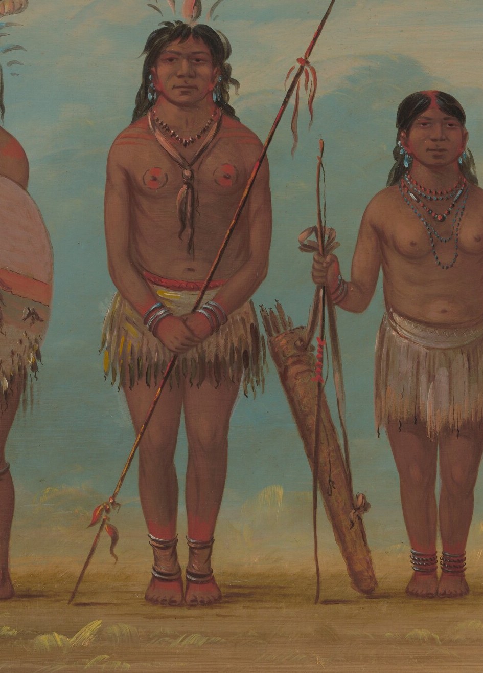 The elaborate necklaces and bare chest highlight adornment and physical presence.