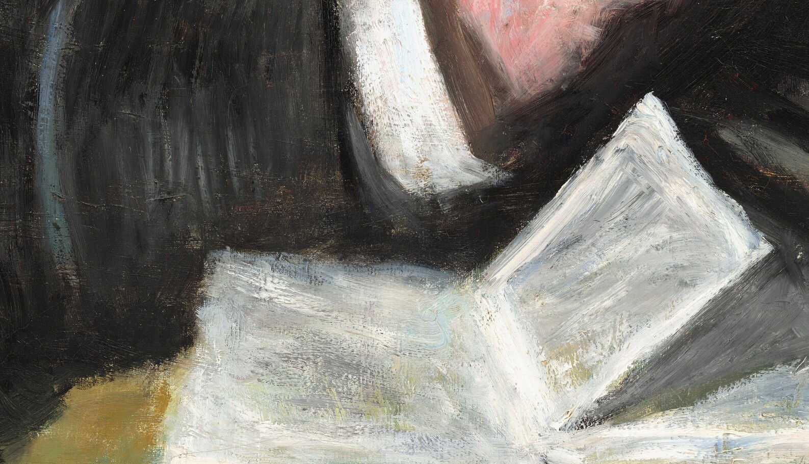 The open book on his lap is painted with loose strokes that almost form words.