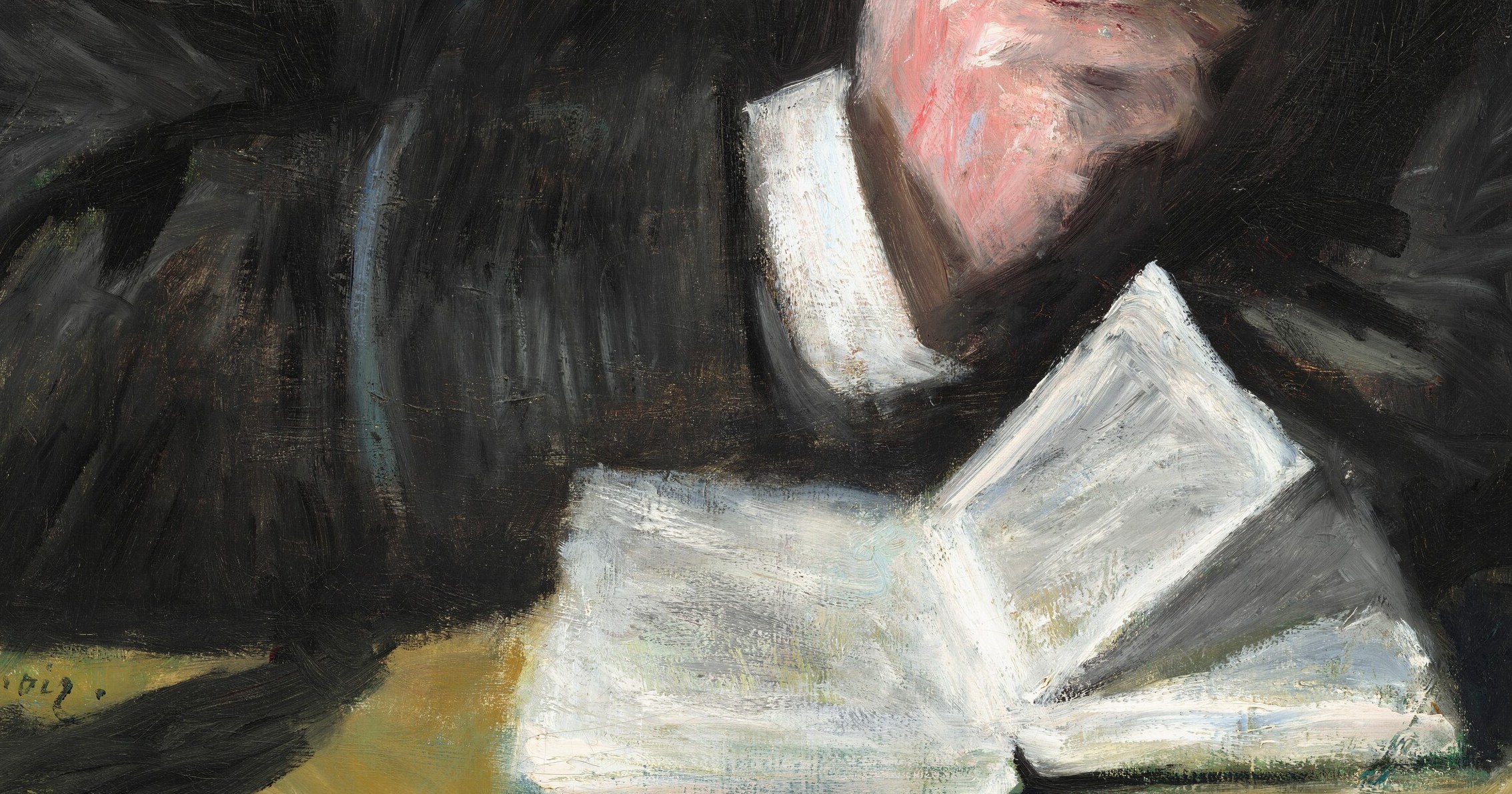 The book anchors the composition at the base and frames Monet as an intellectual as much as a painter , its pale pages create the brightest luminous zone in the lower half of the canvas.