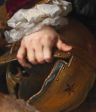 His left hand holds a helmet, a symbol of military or noble rank.