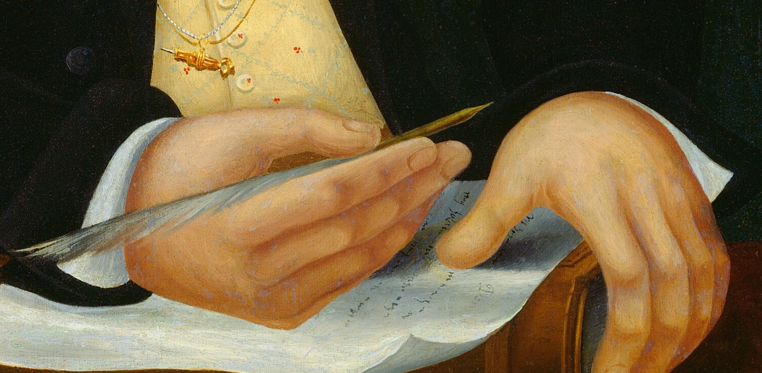 He holds his quill paused, just for a moment.