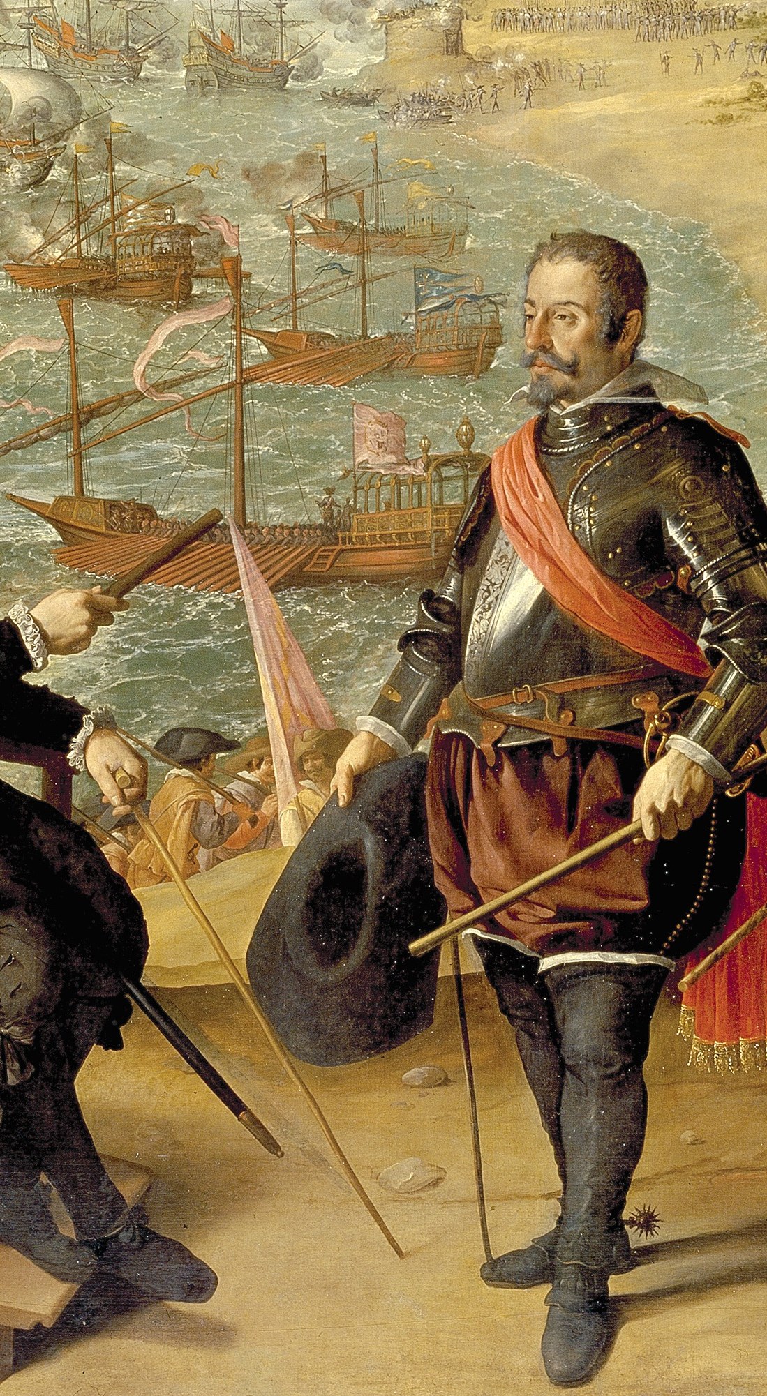 The visual pivot of the entire composition; his verticality, armor, and red sash command the eye and mark him as the primary military figure connecting the council table to the battlefield