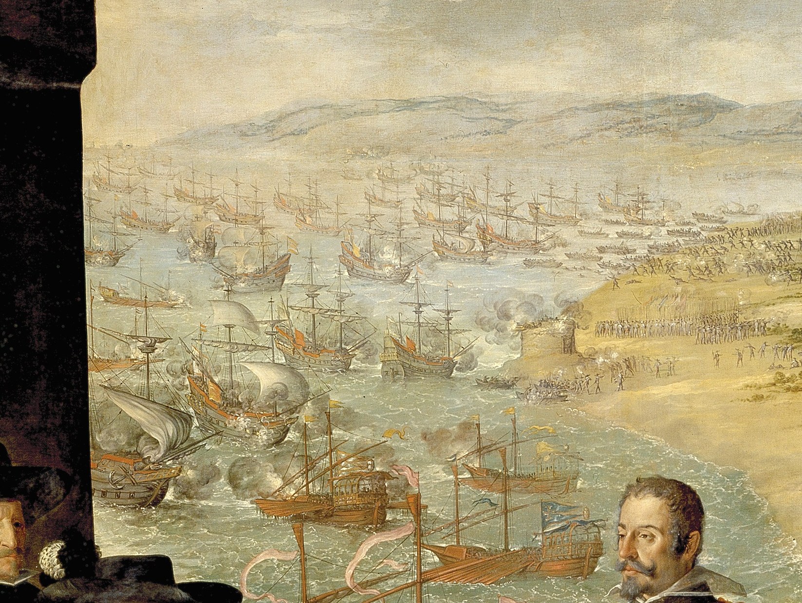 The English Cádiz expedition of 1625 rendered in miniature , dozens of hulls and masts encoding the true scale of the threat the foreground commanders are reacting to