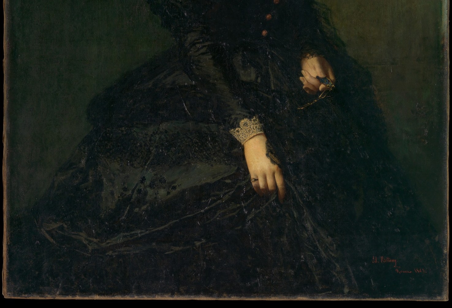 The skirt's near-formless dark mass creates a monumental base for the figure, an early example of Fortuny using negative-space darkness to project presence rather than filling it with incident.