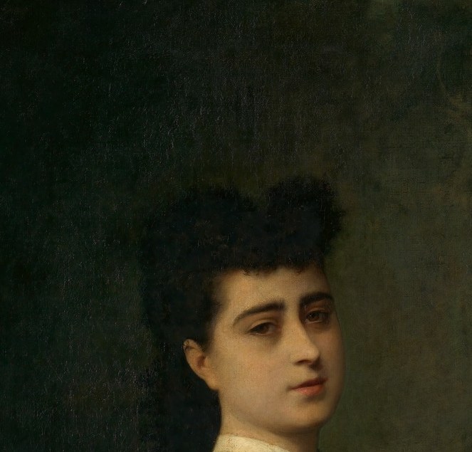 The psychological center of the portrait; a composed, inward expression caught between formality and melancholy , Fortuny's lighting picks out the cheekbone and brow with unusual delicacy for 1865.