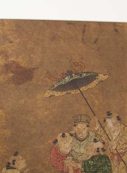 The parasol is a status marker in Heian and Muromachi Japan , its presence here on a child elevates this from mere play to a scene of privileged aristocratic leisure.