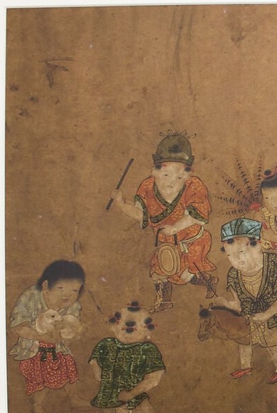 Two boys in rich robes, a small dog, a flowering tree.